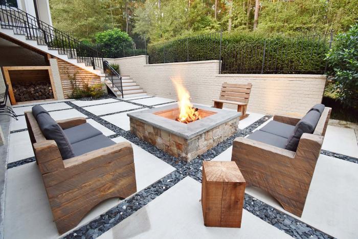 Modern Concrete Paver Slate Chip Patio with Custom Fire Pit
